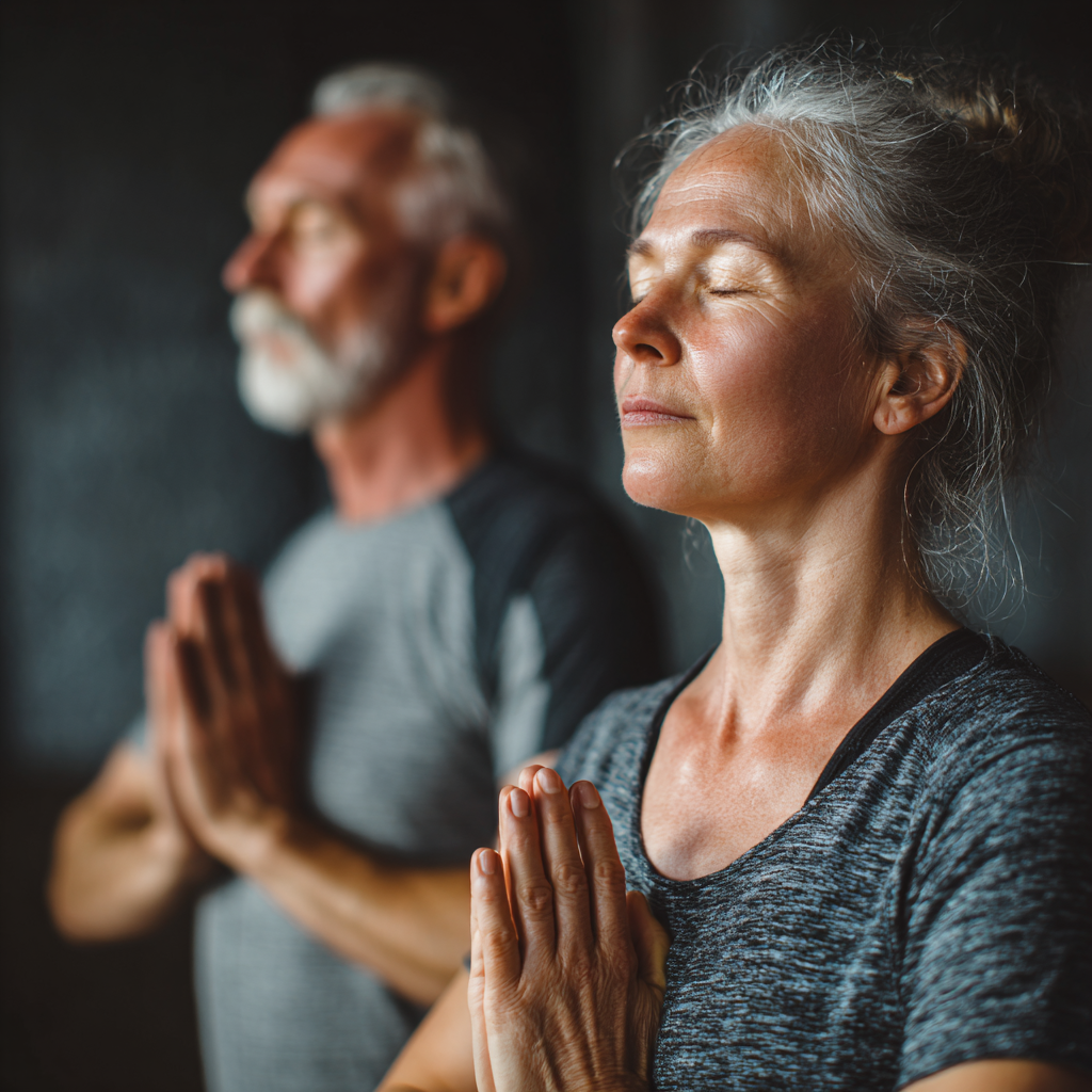 middle-aged adults practicing gentle yoga in peaceful environment